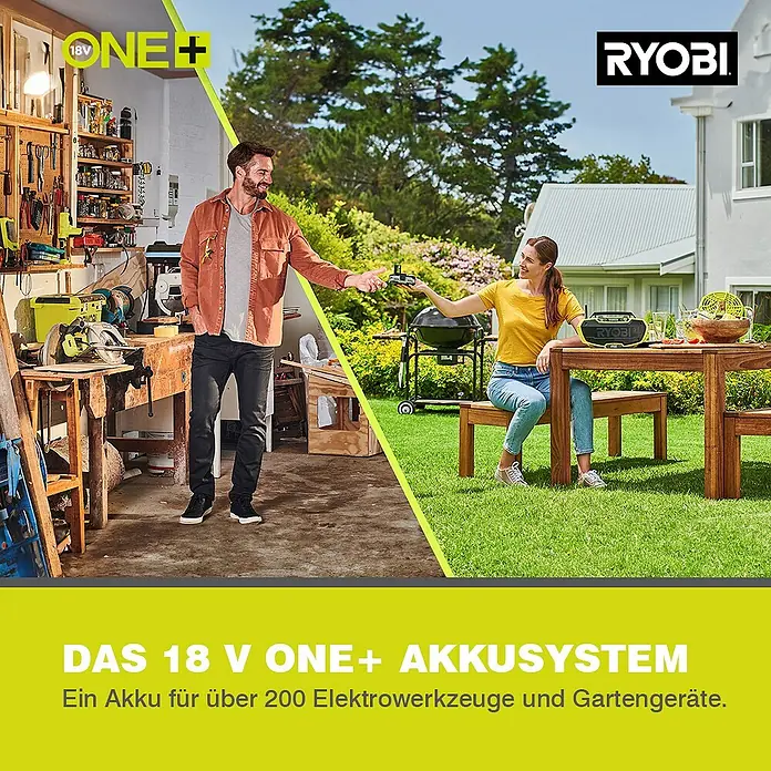 Ryobi ONE+ Akku-Rasenmäher-Set Kombo-Kit RLM1833BLT1825M mit Akku-Rasentrimmer - 1 Akku, 4 Ah - Das RYOBI ONE+ Akkusystem: Ein Akku für über 200 Elektrowerkzeuge und Gartengeräte. Vielseitigkeit für Heim und Garten.