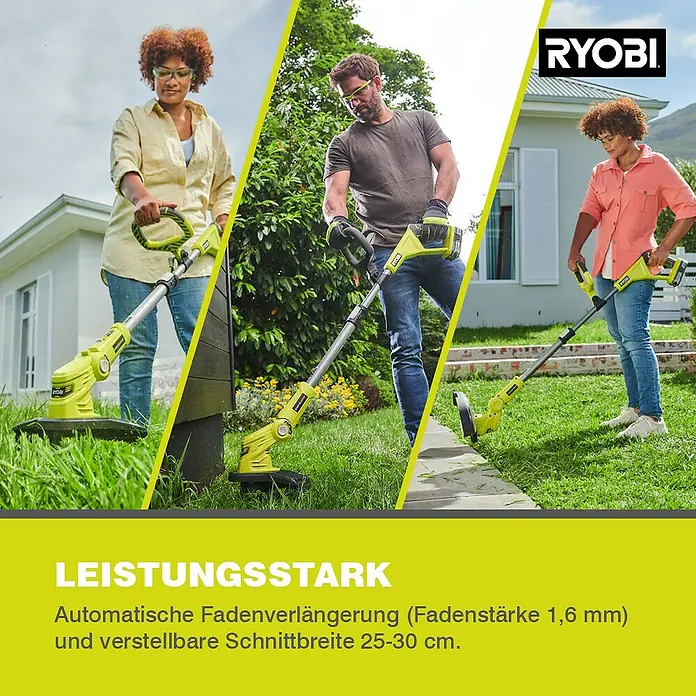 Ryobi ONE+ Akku-Rasentrimmer RLT183225F - 18 V, 2,5 Ah, Li-Ionen, 1 Akku - Dreiteiliges Bild einer Ryobi-Akku-Motorsense mit automatischer Fadenverlängerung und einstellbarer Schnittbreite.