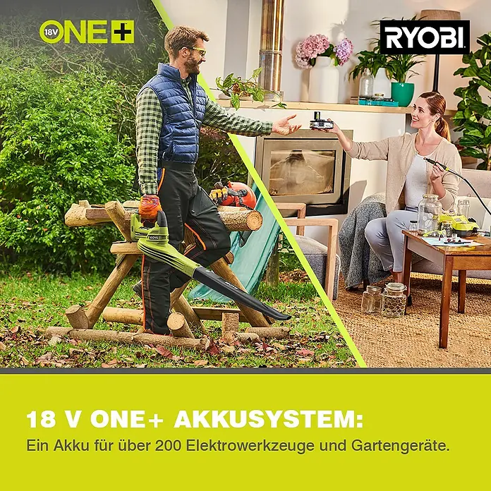 Ryobi ONE+ Akku-Laubsauger OBV18 - 18 V, Ohne Akku, Blasgeschwindigkeit: 201 km/h - Ein Mann im Garten und eine Frau im Haus präsentieren das Ryobi ONE+ Akkusystem. Ein Akku für über 200 Geräte.