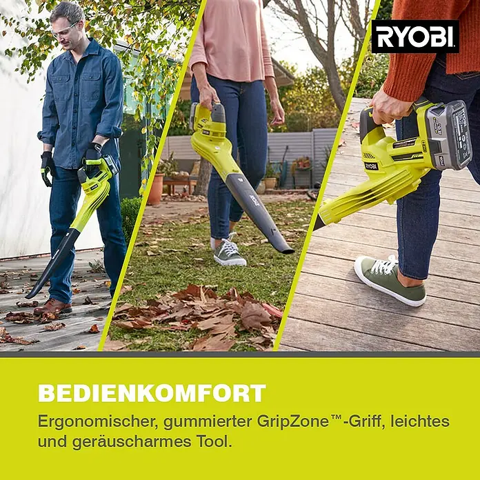 Ryobi ONE+ Akku-Laubbläser OBL 1820 S - 18 V, Ohne Akku, Blasgeschwindigkeit: 245 km/h, Blasleistung: 2,5 m³/min - RYOBI Akku-Laubsauger im Einsatz. Der ergonomische GripZone-Griff und die leise Technologie sorgen für Komfort bei der Gartenarbeit.