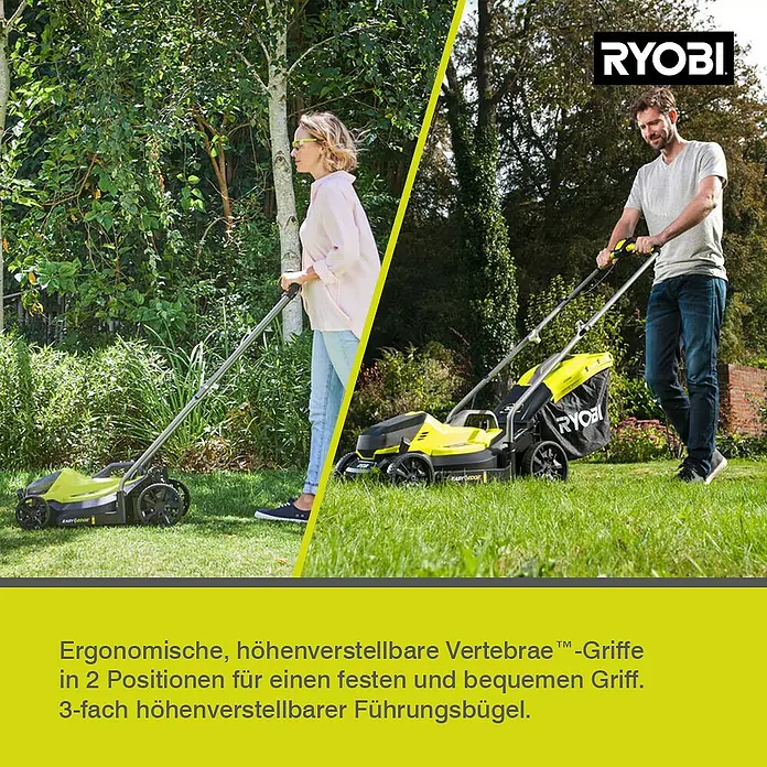 Ryobi ONE+ Akku-Rasenmäher-Set Kombo-Kit RLM1833BLT1825M mit Akku-Rasentrimmer - 1 Akku, 4 Ah - Zwei Personen benutzen den Ryobi Akku-Rasenmäher. Ergonomische Vertebrae Griffe für einen festen & bequemen Griff und 3-fach verstellbarer Bügel.