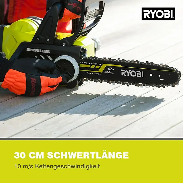 Ryobi ONE+ Akku-Kettensäge - 18 V, Li-Ionen, Ohne Akku, Schwertlänge: 30 cm - Nahaufnahme einer Ryobi Akku-Kettensäge mit einer Schwertlänge von 30 cm und einer Kettengeschwindigkeit von 10 m/s.