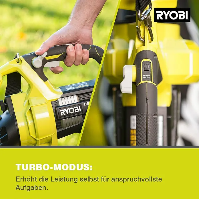 Ryobi ONE+ Akku-Laubsauger OBV18 - 18 V, Ohne Akku, Blasgeschwindigkeit: 201 km/h - Abbildung eines gelben Ryobi Laubbläsers mit Turbo-Modus, der die Leistung für anspruchsvolle Aufgaben erhöht.