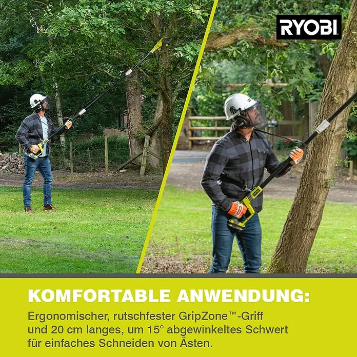 Ryobi ONE+ Akku-Hochentaster OPP 1820 - 18 V, Ohne Akku, Schwertlänge: 20 cm - Ein Mann benutzt eine RYOBI Hochentaster zum Beschneiden von Ästen.