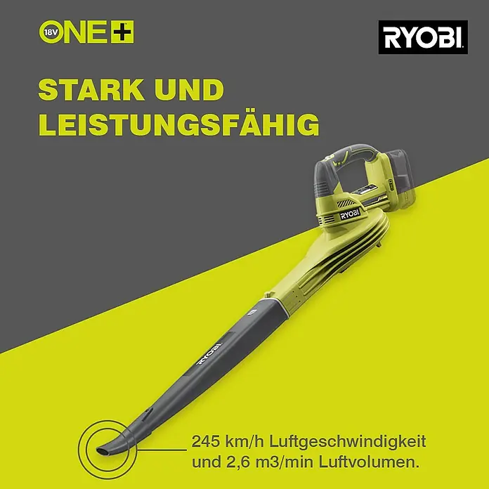 Ryobi ONE+ Akku-Laubbläser OBL 1820 S - 18 V, Ohne Akku, Blasgeschwindigkeit: 245 km/h, Blasleistung: 2,5 m³/min - Abbildung eines Ryobi ONE+ Laubbläsers mit einer Luftgeschwindigkeit von 245 km/h und einem Luftvolumen von 2,6 m3/min.