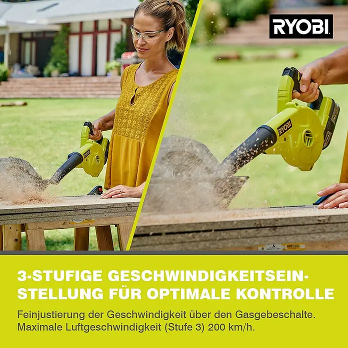 Ryobi ONE+ Akku-Gebläse R18TB-0 - 18 V, Li-Ionen, Ohne Akku - Die Ryobi Akku-Gebläse säubern Holzoberflächen schnell und effizient. Ideal für Werkstatt und Baustelle, mit variabler Geschwindigkeit.
