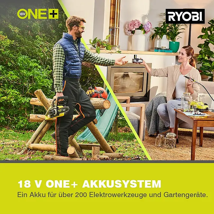 Ryobi ONE+ Akku-Kettensäge - 18 V, Li-Ionen, Ohne Akku, Schwertlänge: 30 cm - Ein Bild von Ryobi ONE+ Akkusystem, das für über 200 Elektrowerkzeuge und Gartengeräte geeignet ist und eine vielseitige Lösung bietet.