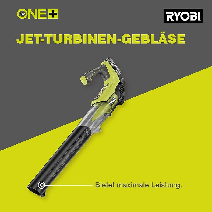 Ryobi Akku-Laubbläser OBL18JB (18 V, Li-Ionen, Ohne Akku, Blasgeschwindigkeit: 160 km/h)