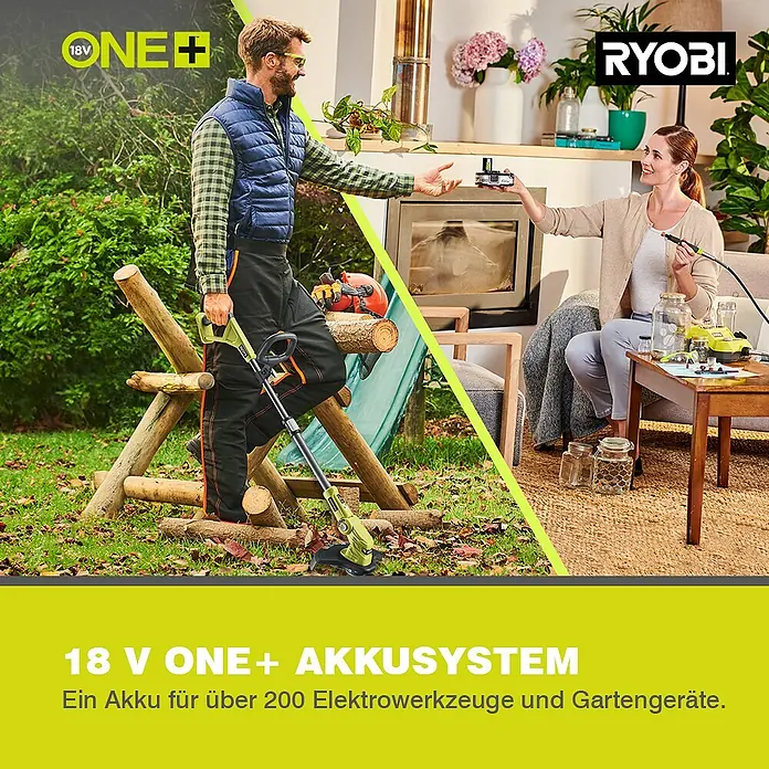 Ryobi ONE+ Akku-Rasentrimmer RLT183225F - 18 V, 2,5 Ah, Li-Ionen, 1 Akku - Ein Bild von einem RYOBI 18V ONE+ Akkusystem, das für über 200 Elektrowerkzeuge und Gartengeräte geeignet ist.