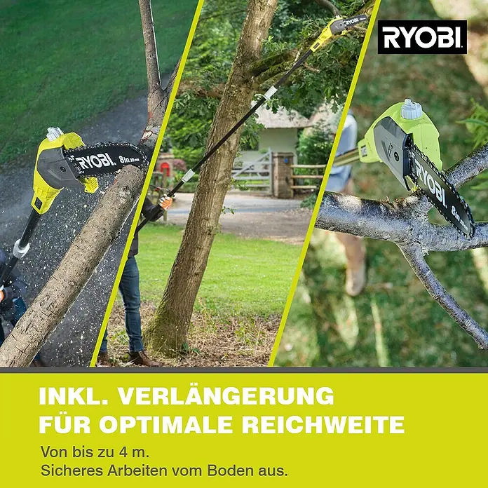 Ryobi ONE+ Akku-Hochentaster OPP 1820 - 18 V, Ohne Akku, Schwertlänge: 20 cm - Bild einer Ryobi Akku-Astsäge mit Verlängerung für optimale Reichweite zum Schneiden von Ästen bis zu 4 m Höhe.