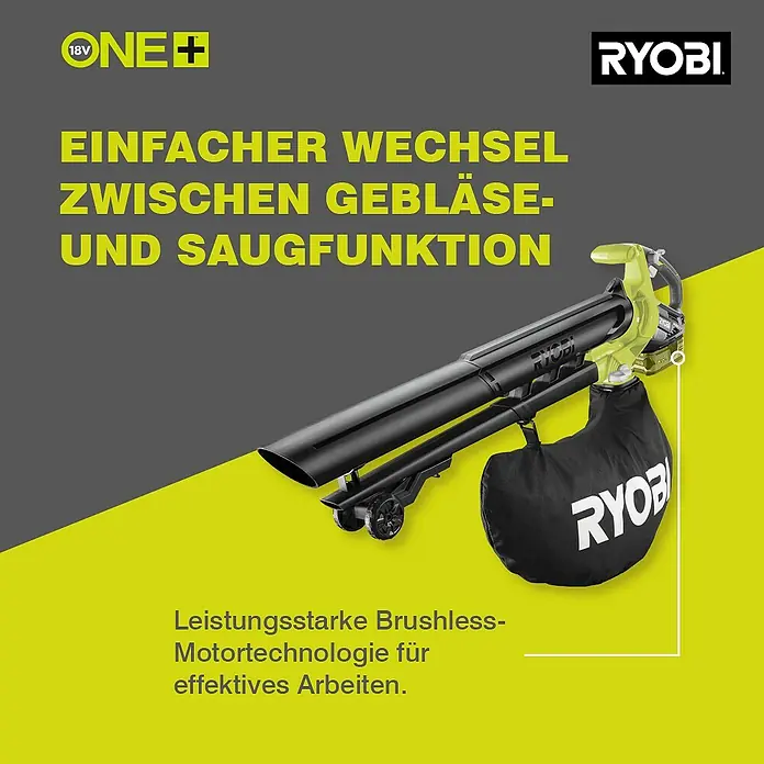 Ryobi ONE+ Akku-Laubsauger OBV18 - 18 V, Ohne Akku, Blasgeschwindigkeit: 201 km/h - Bild eines Ryobi ONE+ Laubbläsers/-saugers mit der Aufschrift "Einfacher Wechsel zwischen Gebläse- und Saugfunktion".