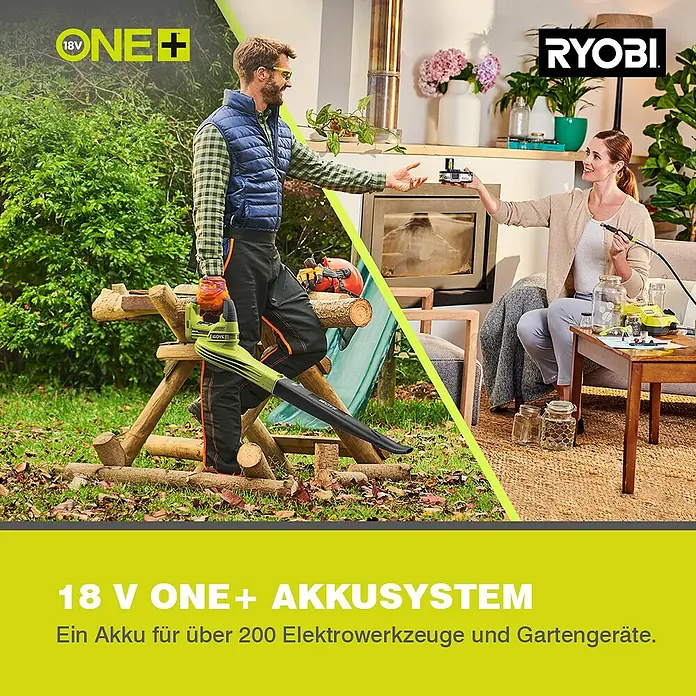 Ryobi ONE+ Akku-Laubbläser OBL 1820 S - 18 V, Ohne Akku, Blasgeschwindigkeit: 245 km/h, Blasleistung: 2,5 m³/min - Das Bild zeigt das RYOBI 18V ONE+ Akkusystem, das für über 200 Elektrowerkzeuge und Gartengeräte geeignet ist.