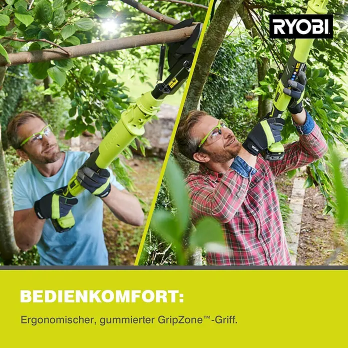 Ryobi ONE+ Akku-Astschere OLP1832BX - 18 V, Li-Ionen, Ohne Akku - Ryobi Akku-Astschneider im Einsatz, demonstriert Bedienerfreundlichkeit mit ergonomischem GripZone™-Griff.