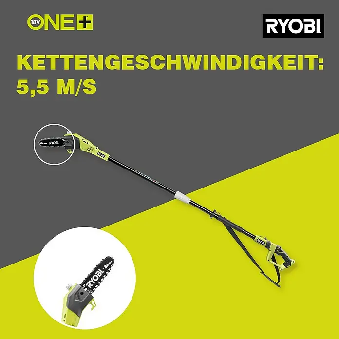 Ryobi ONE+ Akku-Hochentaster OPP 1820 - 18 V, Ohne Akku, Schwertlänge: 20 cm - Abbildung einer Ryobi Hochentaster, ein praktisches Werkzeug für die Gartenarbeit. Die Kettengeschwindigkeit beträgt 5,5 m/s.