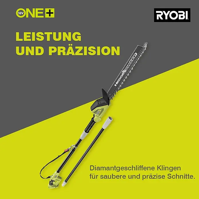 Ryobi ONE+ Teleskop-Heckenschere OPT1845 - 18 V, Li-Ionen, Ohne Akku - Das Bild zeigt eine Ryobi ONE+ Akku-Heckenschere mit diamantgeschliffenen Klingen für saubere und präzise Schnitte vor einem gelb-grauen Hintergrund.