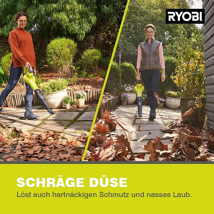 Ryobi ONE+ Akku-Laubbläser OBL 1820 S - 18 V, Ohne Akku, Blasgeschwindigkeit: 245 km/h, Blasleistung: 2,5 m³/min - Laubbläser von Ryobi im Einsatz. Die schräge Düse löst hartnäckigen Schmutz und nasses Laub mühelos.