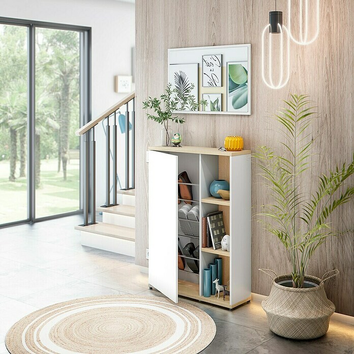 Mueble para recibidor 0F6739A (Roble Canadian/Blanco Artik, Espejo, Apto para: Zapatos) | BAUHAUS
