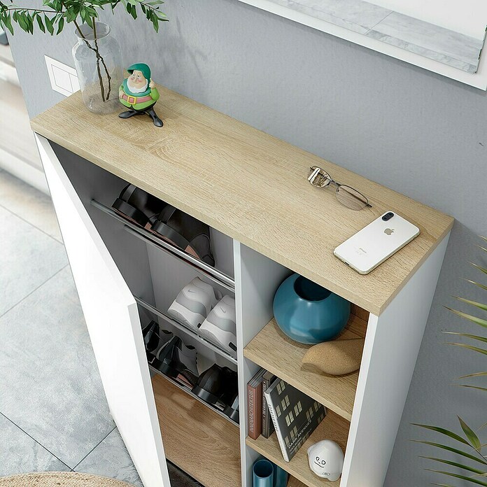 Mueble para recibidor 0F6739A (Roble Canadian/Blanco Artik, Espejo, Apto para: Zapatos) | BAUHAUS