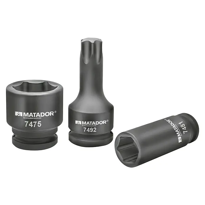 Matador Inserto robusto para llaves de vaso - Ancho de llave: 10 mm, ½″ - La imagen muestra tres insertos de llave de vaso Matador diferentes, diseñados para atornillar, que varían en forma y tamaño para diversas aplicaciones.