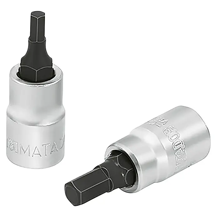 Matador Inserto para llaves de vaso - Ancho de llave: 5 mm, ½″, Hexagonal interior - Dos juegos de puntas de llave hexagonal en soportes plateados con cabezales hexagonales negros. Para tareas de atornillado precisas.