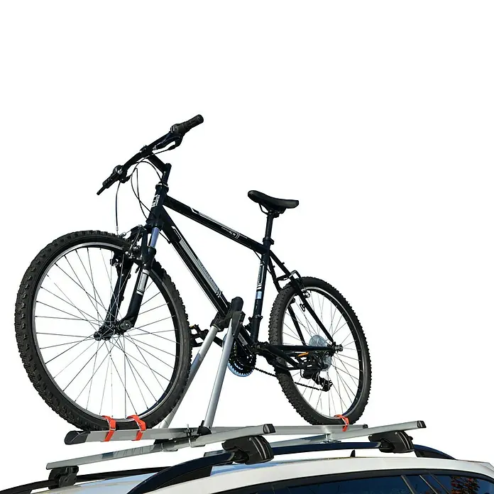 Fischer Dachträger TopLine XL - Traglast: 90 kg, L x B x H: 136,5 x 14,5 x 7,5 cm - Ein Fahrradträger auf dem Dach eines Autos transportiert ein schwarzes Mountainbike sicher und stilvoll. Ideal für Abenteuerlustige!