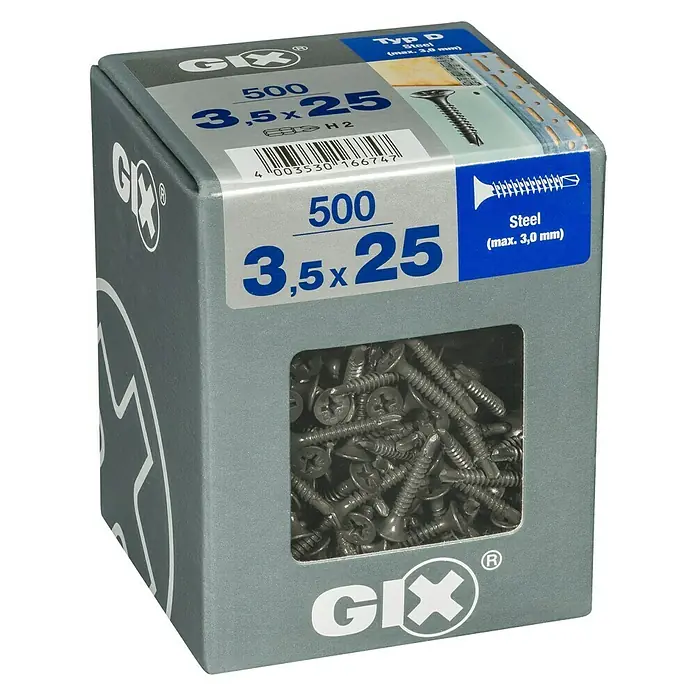 Spax Trockenbauschraube GIX D - Ø x L: 3,5 x 25 mm, Trompetenkopf, 500 Stk. - Eine Dose GIX-Stahlschrauben (500 Stück, 3,5x25 mm) für den professionellen Gebrauch. Ideal für Holzkonstruktionen mit bis zu 3,0 mm Stärke.