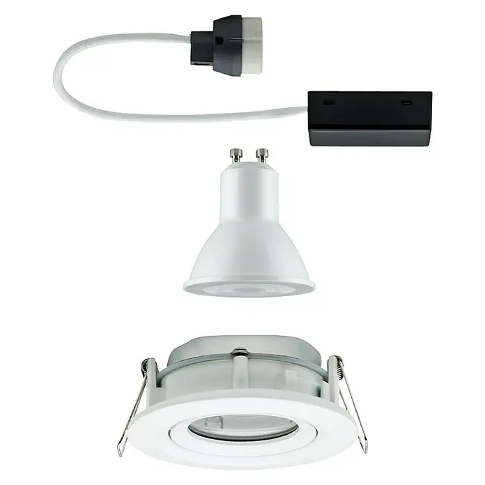 Paulmann LED-Einbauleuchte Nova - 7 W, Weiß, Warmweiß, IP65, 1 Stk. - Produktabbildung eines weißen LED-Einbaustrahlers mit Zubehör für die Deckenmontage. Für modernes Innendesign.