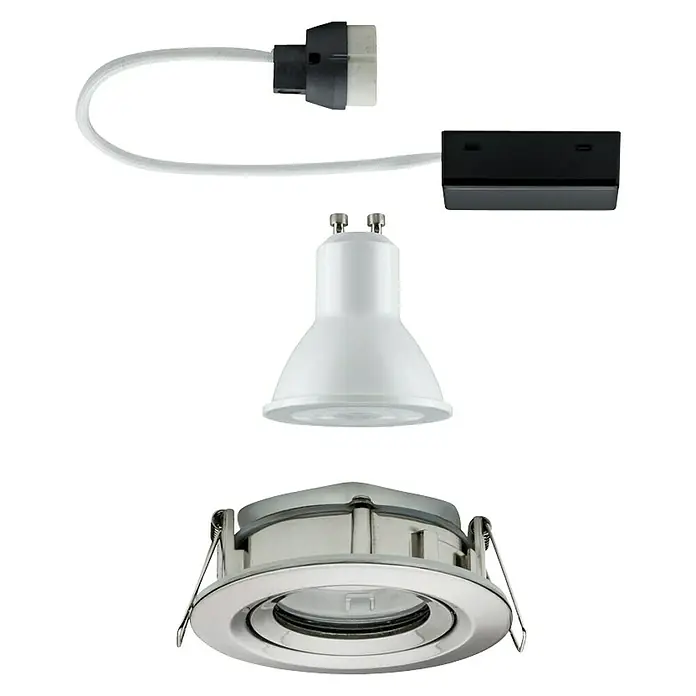 Paulmann Nova LED-Einbauleuchte - 7 W, Warmweiß, 1 Stk., Leuchtenkopf beweglich, Eisen gebürstet - Aufnahme eines LED-Deckenspots mit weißem Gehäuse und Zubehör für die Elektroinstallation, bestehend aus Kabel, Stecker und Trafo.