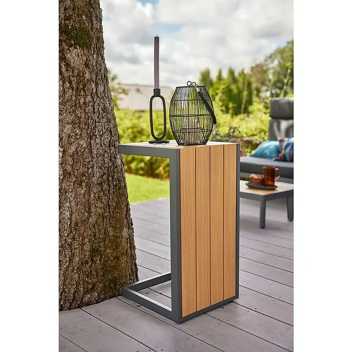 Sunfun Solo Garten-Beistelltisch - L x B x H: 77 x 41,5 x 45 cm, Aluminium, Night-Grey - Gartenbeistelltisch aus Holz und Metall mit Kerzenhalter und Laterne.