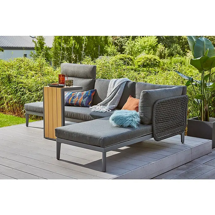 Sunfun Kopfstütze - L x B x H: 72 x 48,5 x 13,5 cm, Aluminium, Night-Grey - Ein stilvolles graues Outdoor-Ecksofa mit Beistelltisch und dekorativen Kissen, perfekt für entspannte Stunden im Garten oder auf der Terrasse.