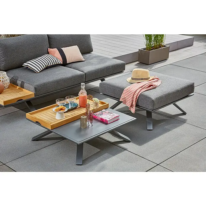 Sunfun Lumar Garten-Couchtisch - L x B x H: 80 x 80 x 27 cm, Aluminium, Night-Grey - Gartenmöbel-Set mit grauem Sofa, Hocker und Tisch mit Getränken und Dekorationen für einen entspannten Außenbereich.