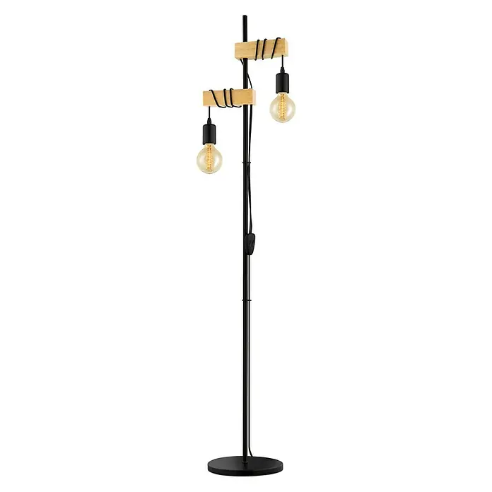 Eglo Townshend Stehleuchte - B x H: 25 x 166,5 cm, Schwarz, Braun - Stehleuchte mit zwei Glühbirnen und Holzelementen, modernes Design für Wohnräume.
