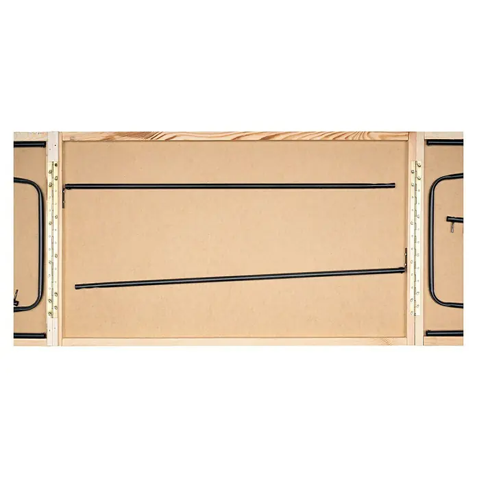Holztapeziertisch - 295,5 x 58 x 75 cm, Holz - Detailansicht eines klappbaren Tischgestells mit schwarzen Metallbeinen und Holzrahmen. Ideal für platzsparende Möbel.
