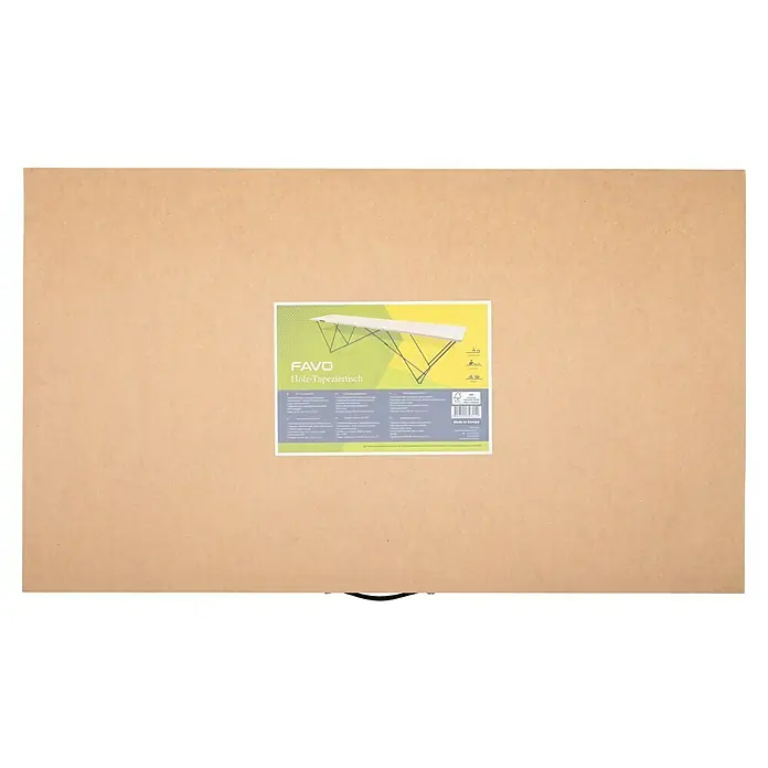 Holztapeziertisch - 295,5 x 58 x 75 cm, Holz - Kartonverpackung für einen FAVO Holz-Tapeziertisch. Die Verpackung zeigt das Produktbild, Spezifikationen und Barcode.