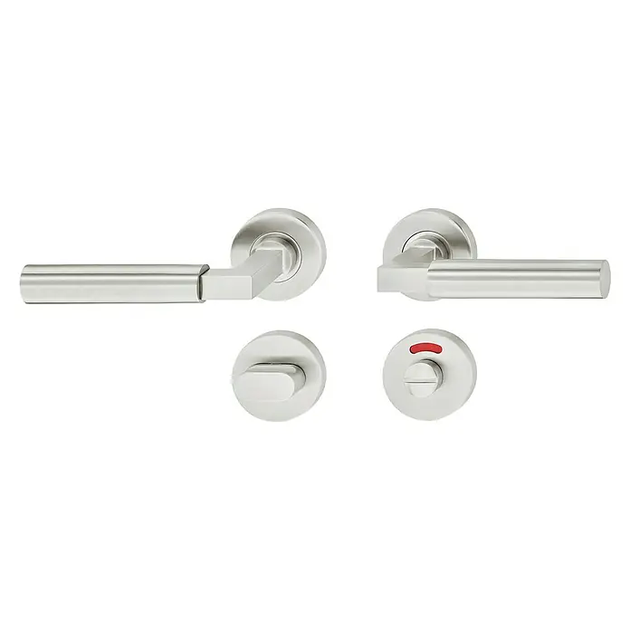 Häfele WC-Drückergarnitur Vennia - Schlitzkopf/Olive, Edelstahl - Türbeschlag-Set aus gebürstetem Edelstahl, bestehend aus zwei Türgriffen, einem Drehknopf und einem WC-Schloss mit roter/grüner Anzeige.