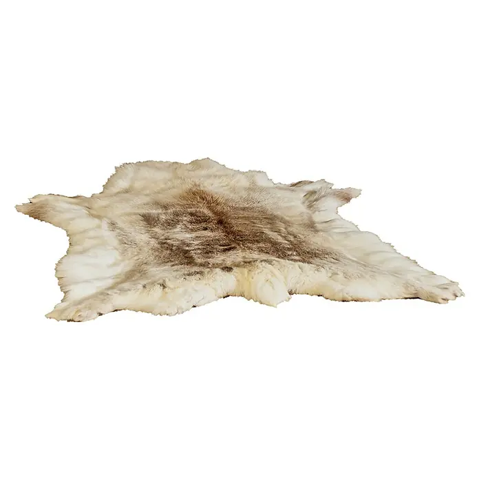 Rentierfell Rentier - 100 % Echtfell, 130 x 90 cm, Braun/Weiß/Grau - Weißes und braunes Tierfell mit weichen, dicken Haaren, das als dekorative Decke oder Teppich verwendet werden kann.