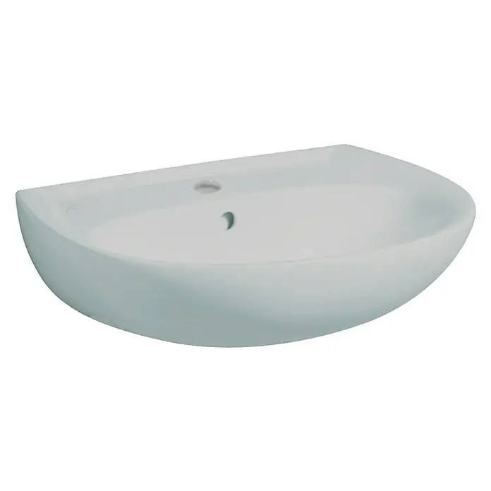 Geberit Renova Waschtisch - 60 x 49 cm, Ohne Spezialglasur, Hahnloch: Mitte, Mit Überlauf, Manhattan - Abgebildet ist ein weißes Keramik-Waschbecken, das durch seine halbrunde Form und die glatte Oberfläche besticht. Ideal für moderne Badezimmer.