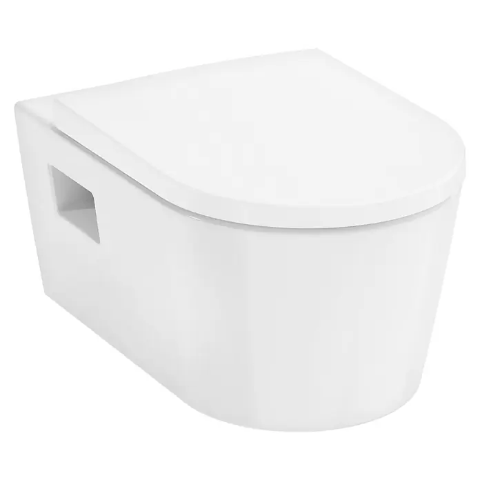 Hansgrohe Taza de WC suspendida sin borde EluPura - Sin borde de descarga, Sin esmalte especial, Forma de descarga: Profundo, Salida WC: Horizontal, Blanco, Con caída amortiguada - Esta imagen muestra un inodoro moderno, suspendido en blanco. El diseño minimalista y las líneas limpias lo integran en cualquier baño.