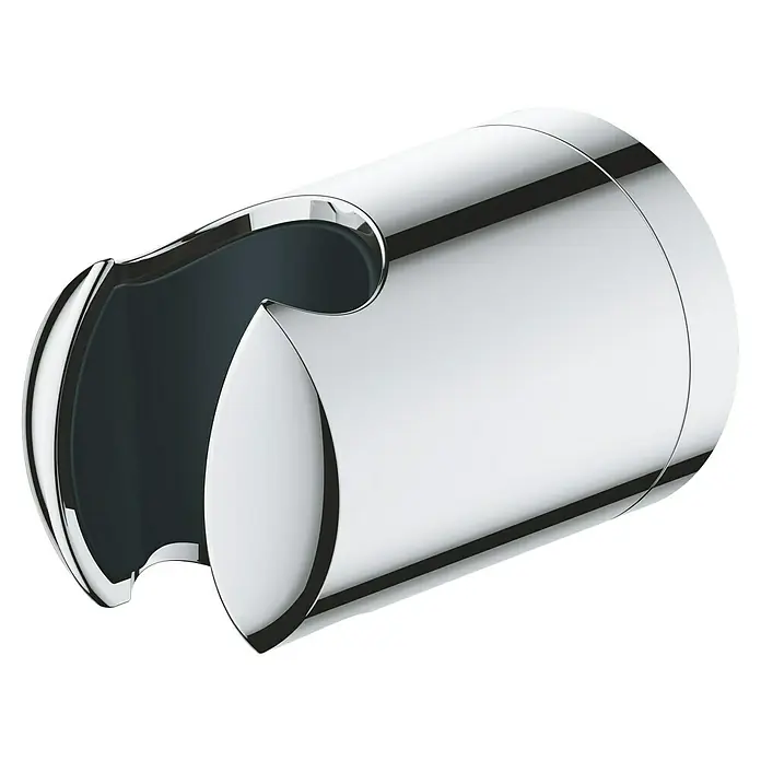 Grohe Brausehalter Vitalio Universal - Kunststoff, Chrom - Nahaufnahme einer glänzenden, verchromten Duschhalterung vor schwarzem Hintergrund. Ideal für moderne Badezimmer.