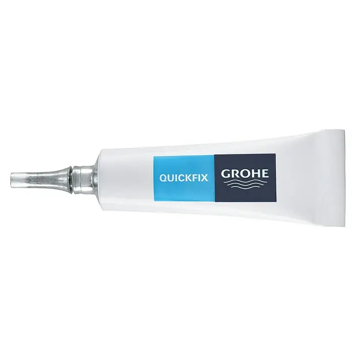 Grohe Montagekleber Quickglue S - Passend für: Brausestangen - Nahaufnahme einer Tube Grohe QuickFix Klebstoff, ideal für schnelle Reparaturen. Das Produkt verspricht eine unkomplizierte Anwendung.