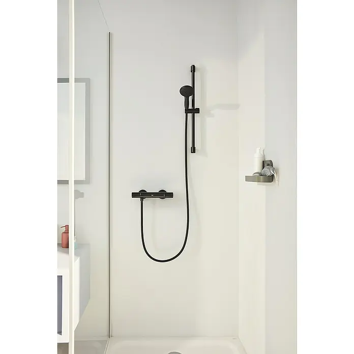 Grohe QuickFix Vitalio Start Handbrause 110 - Anzahl Funktionen: 2 Stk., Schwarz - Moderne, mattschwarze Duscharmatur mit Handbrause und Ablage für Shampoo und Seife im Badezimmer.