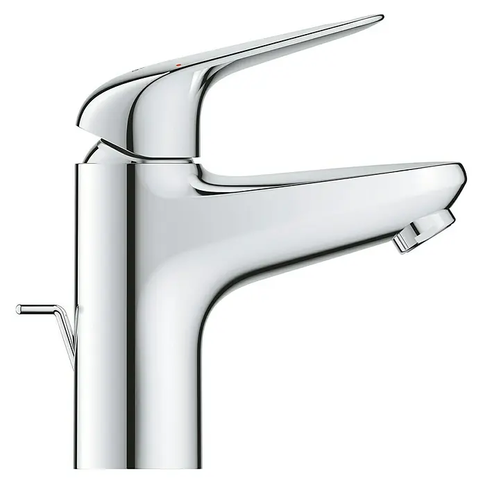 Grohe QuickFix Waschtischarmatur Swift - Chrom, Glänzend, Höhe: 162 mm - Nahaufnahme einer glänzenden Chrom-Waschtischarmatur mit modernem Design und einem Hebel zur einfachen Bedienung.
