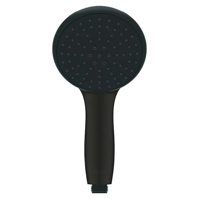 Grohe QuickFix Vitalio Start Teleducha - Número de funciones: 2 ud., Negro - Esta toma muestra un cabezal de ducha negro. El cabezal de ducha cuenta con un cabezal redondo con muchos agujeros y un mango para facilitar su uso.