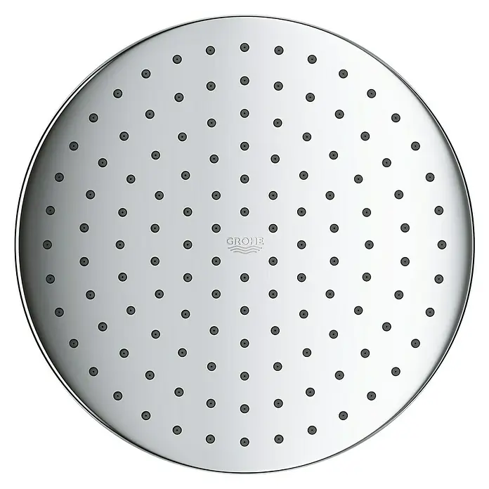 Grohe Brausegarnitur Vitalo Start 250 - Lochabstand: 62 cm, Art Strahl: Rain, SmartRain, Jet, Chrom - Nahaufnahme eines Grohe Duschkopfes mit runder Form und vielen kleinen Düsen für ein angenehmes Duscherlebnis.