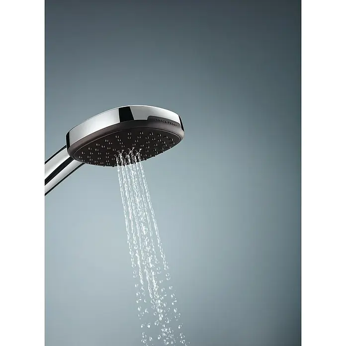 Grohe QuickFix Brausegarnitur - Lochabstand: 47 cm - 62 cm, Anzahl Strahlarten: 2 Stk. - Nahaufnahme eines modernen Duschkopfs, der Wasserstrahlen freisetzt, vor einem eleganten, neutralen Hintergrund.