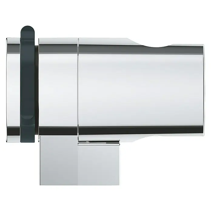 Grohe QuickFix Brausehalter - Kunststoff - Nahaufnahme eines glänzenden, silbernen Seifenspenders mit einem dunkelgrauen Knopf, der ein elegantes und modernes Design zeigt.