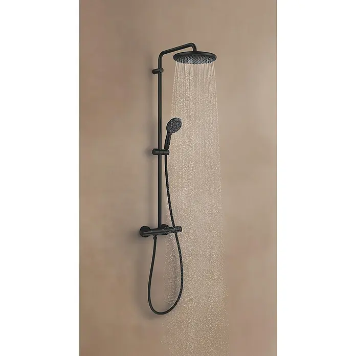 Grohe Vitalio Start Duschsystem 250 - Höhe: 101,6 cm, Anzahl Strahlarten: 2 Stk., Schwarz - Eine elegante, mattschwarze Duschgarnitur mit Kopf- und Handbrause, die ein luxuriöses Duscherlebnis verspricht.