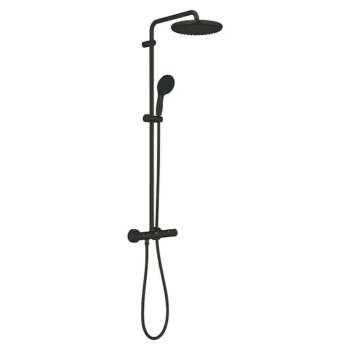 Grohe Vitalio Start Duschsystem 250 - Höhe: 101,6 cm, Anzahl Strahlarten: 2 Stk., Schwarz - Schwarze Duscharmatur mit großem Duschkopf und Handbrause für ein modernes Badezimmer. Das Produkt ist elegant und funktional gestaltet.