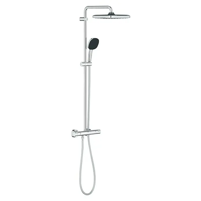 Grohe Vitalio Comfort Überkopfbrausen-Set 250 - Lochabstand: 101,6 cm, Chrom - Das Bild zeigt eine elegante Duschgarnitur mit Kopf- und Handbrause, die durch ihr chromglänzendes Design besticht und ein luxuriöses Duscherlebnis verspricht.
