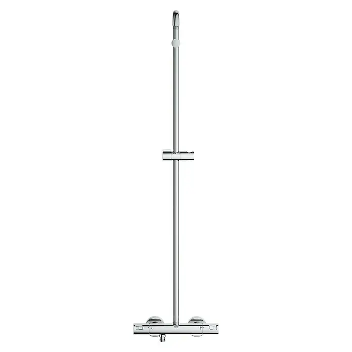 Grohe Vitalio Comfort Überkopfbrausen-Set 250 - Lochabstand: 101,6 cm, Chrom - Detaillierte Aufnahme einer glänzenden, silbernen Duschstange mit verschiedenen Halterungen und Befestigungselementen für ein modernes Badezimmer.